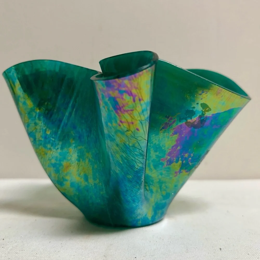 Modernist Iridescent Green and Blue Art Glass Handkerchief Decorative Vase-6”H